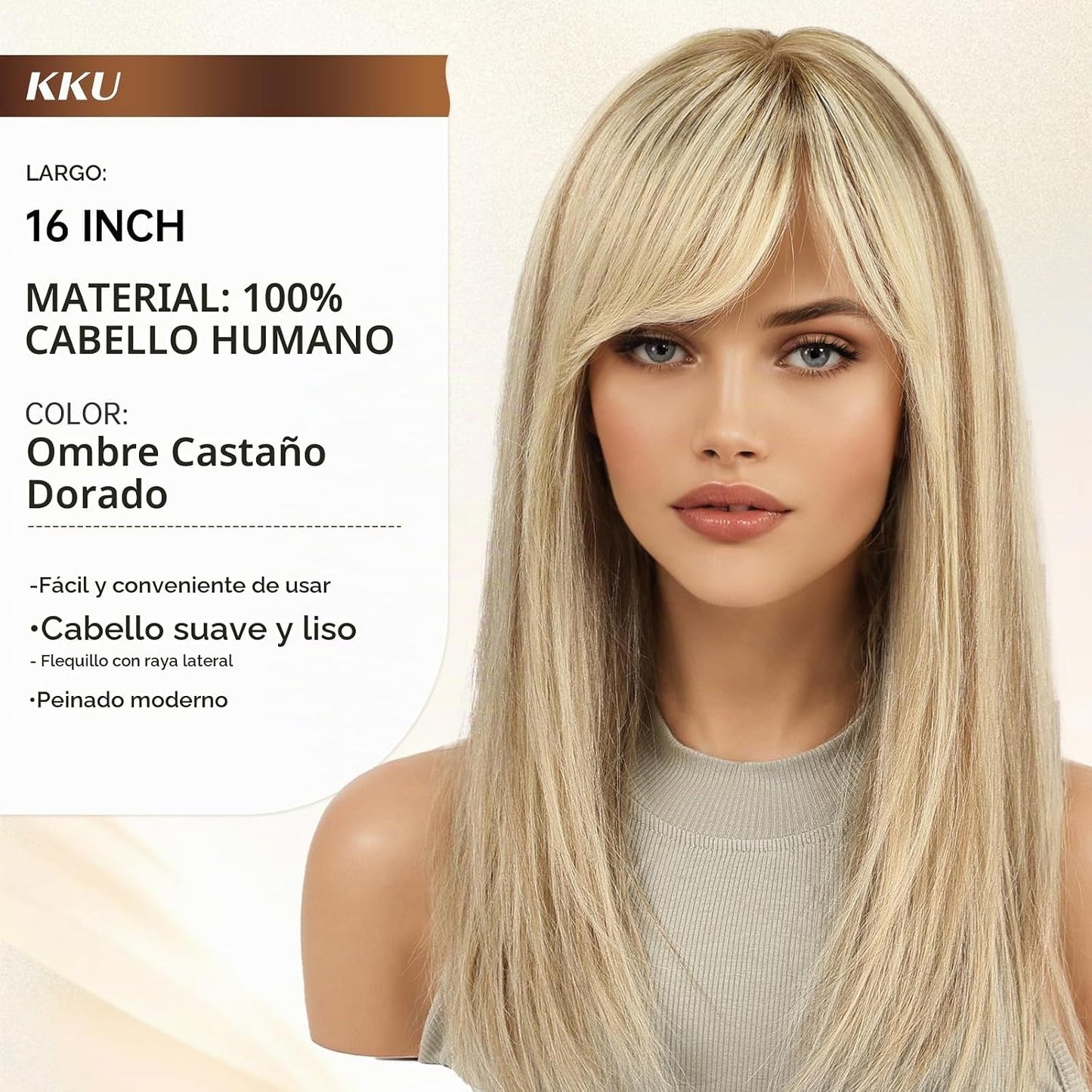 KKU Pelucas de cabello humano castaño dorado degradado de 16 pulgad...