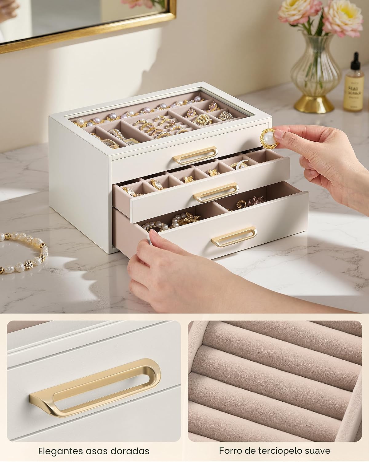 SONGMICS Joyero de 3 capas con ventana de cristal, organizador de a...