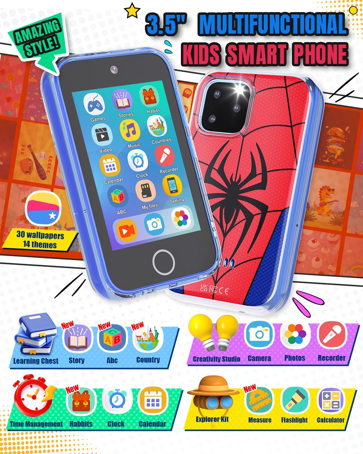 Byserten Teléfono para niños con pantalla táctil de 3.5 pulgadas co...
