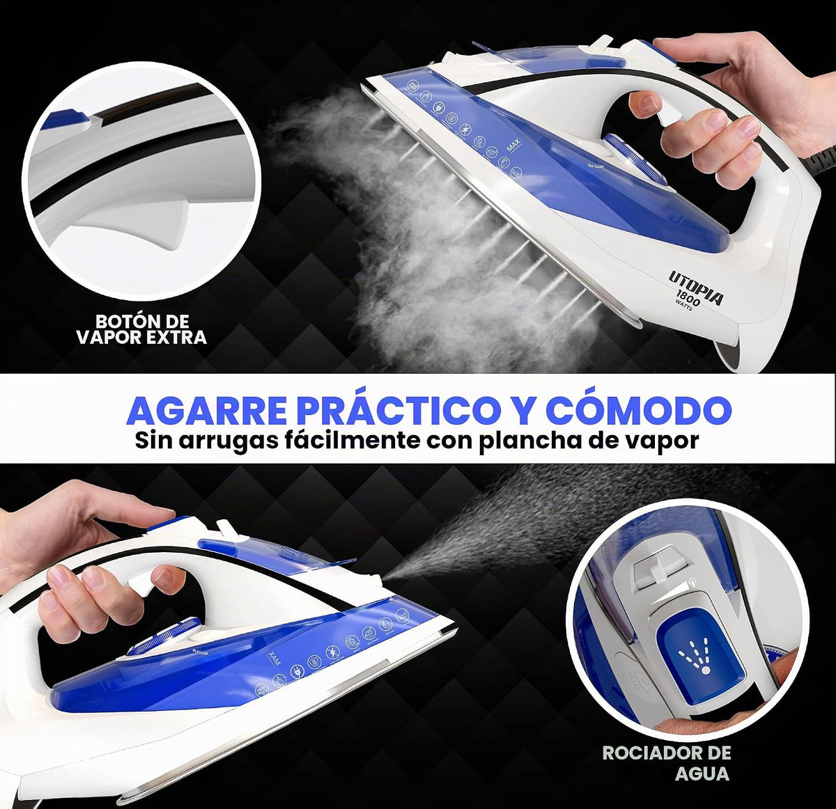 Utopia Home Plancha de vapor para ropa, suela antiadherente, planch...