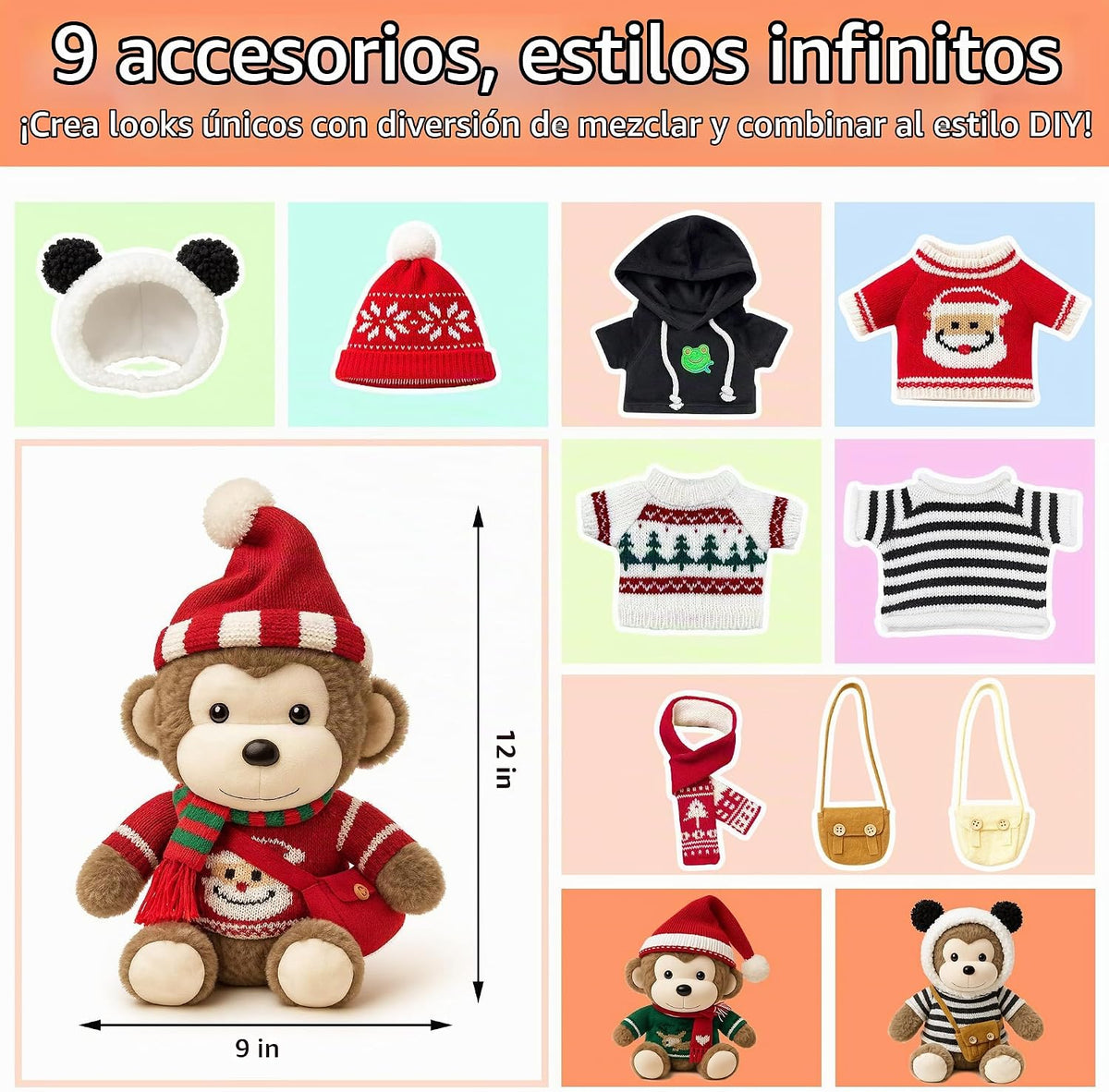 Destlife Mono de Peluche con 9 Prendas y Accesorios, 12 Pulgadas, N...