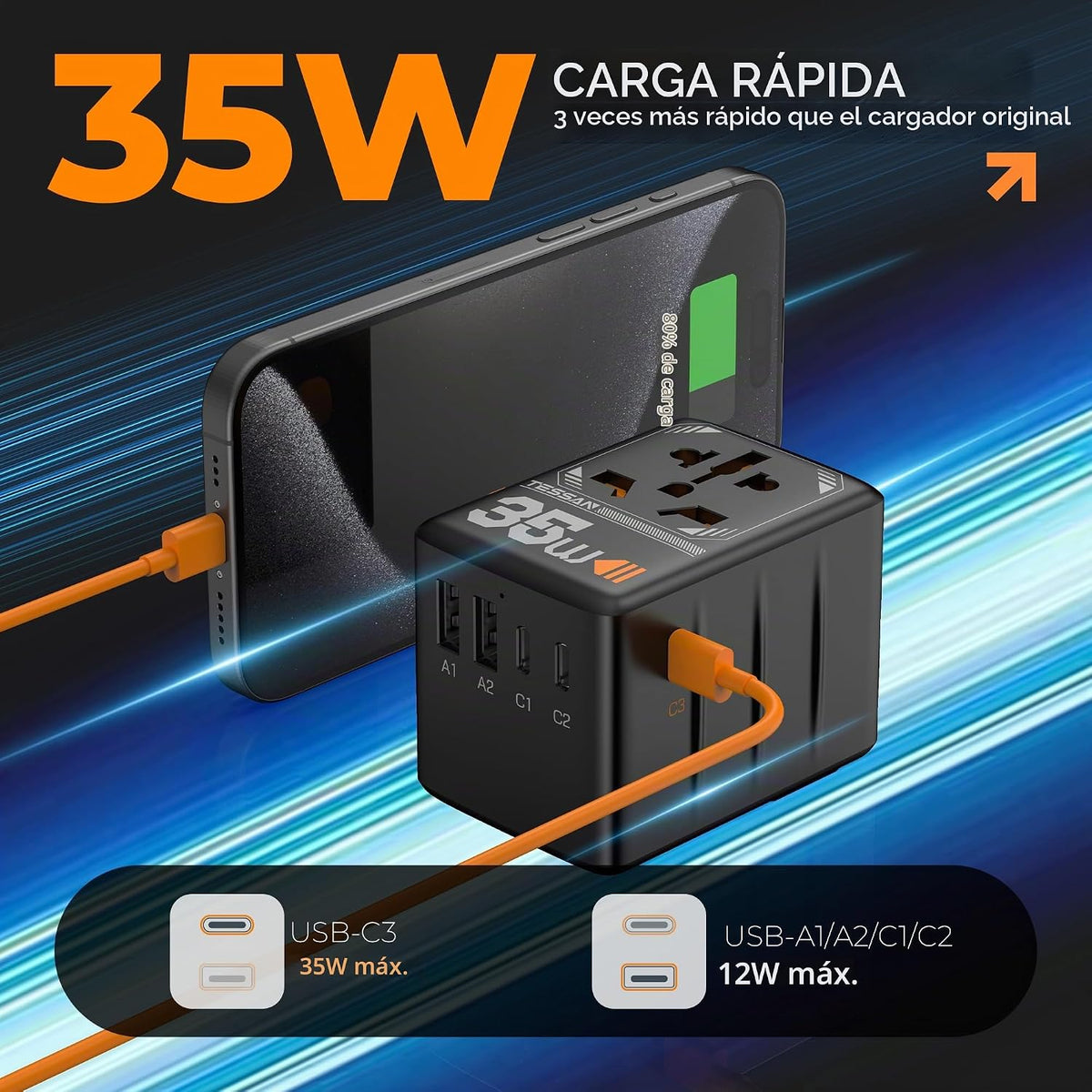 TESSAN Adaptador de viaje universal, adaptador de enchufe internaci...