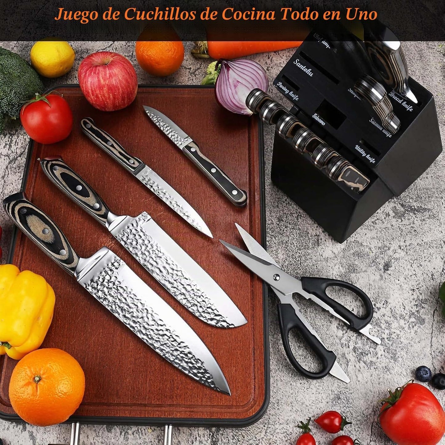 Juego de cuchillos de cocina, juego de cuchillos de 15 piezas con b...