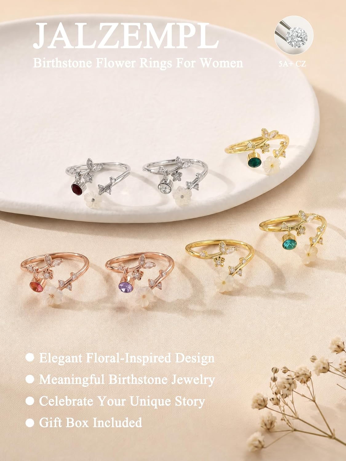 JALZEMPL Anillos de piedra natal con flores para mujeres, gema no m...