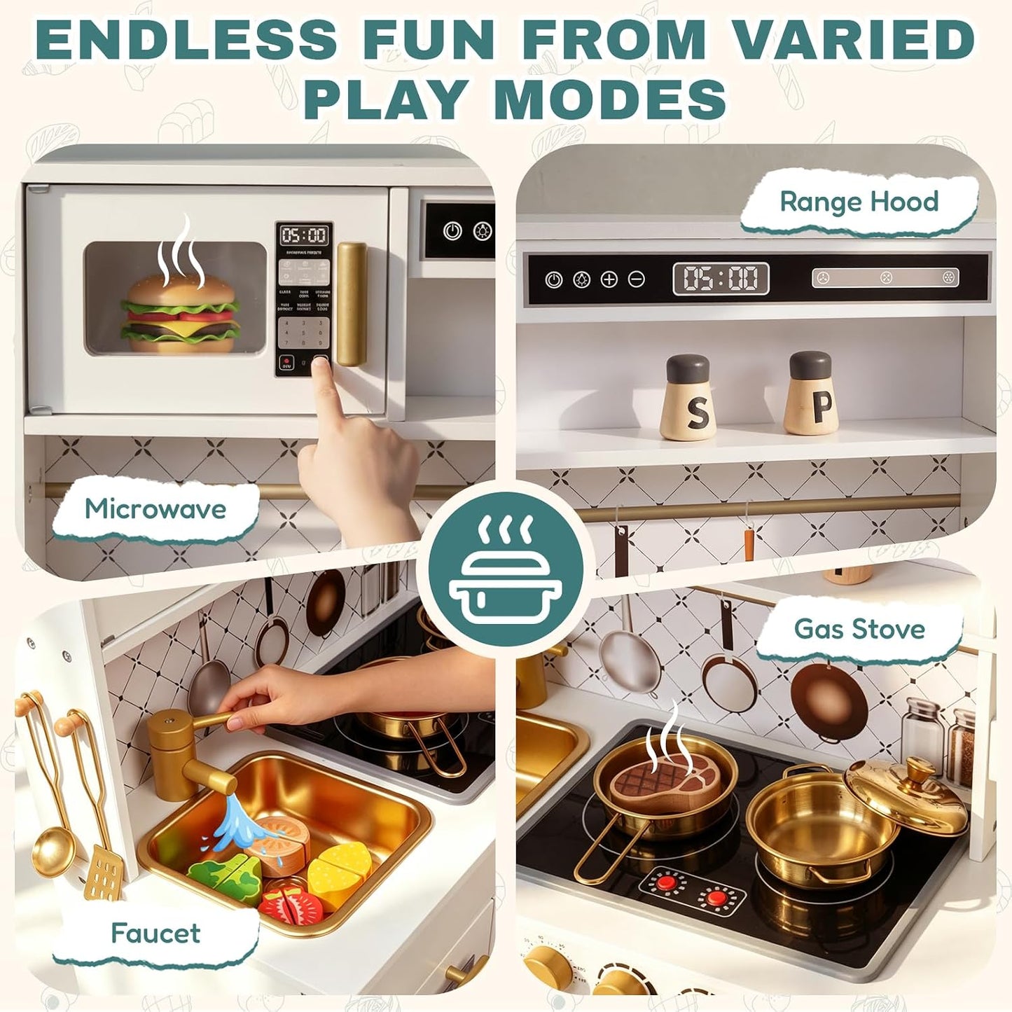 Cocina de madera para niños, moderno juego de cocina blanca con est...