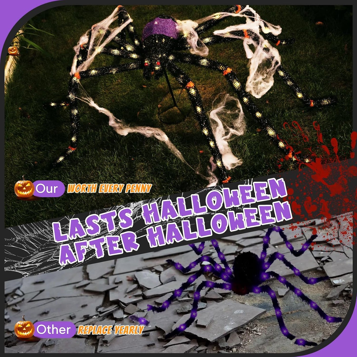 Araña gigante de 5.5 pies para decoración de Halloween con 100 luce...