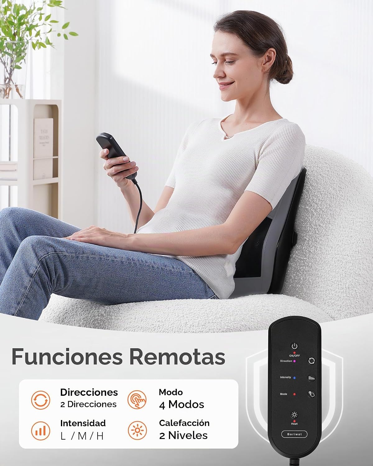 Boriwat Masajeador de espalda con calor, almohada de masaje 3D para...
