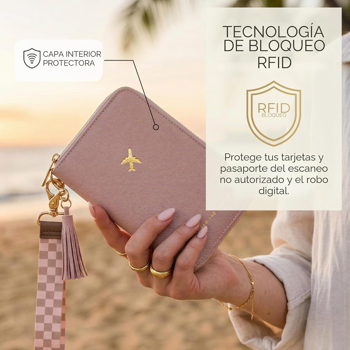 Hermoso soporte para pasaporte y cartera de viaje con correa de muñ...