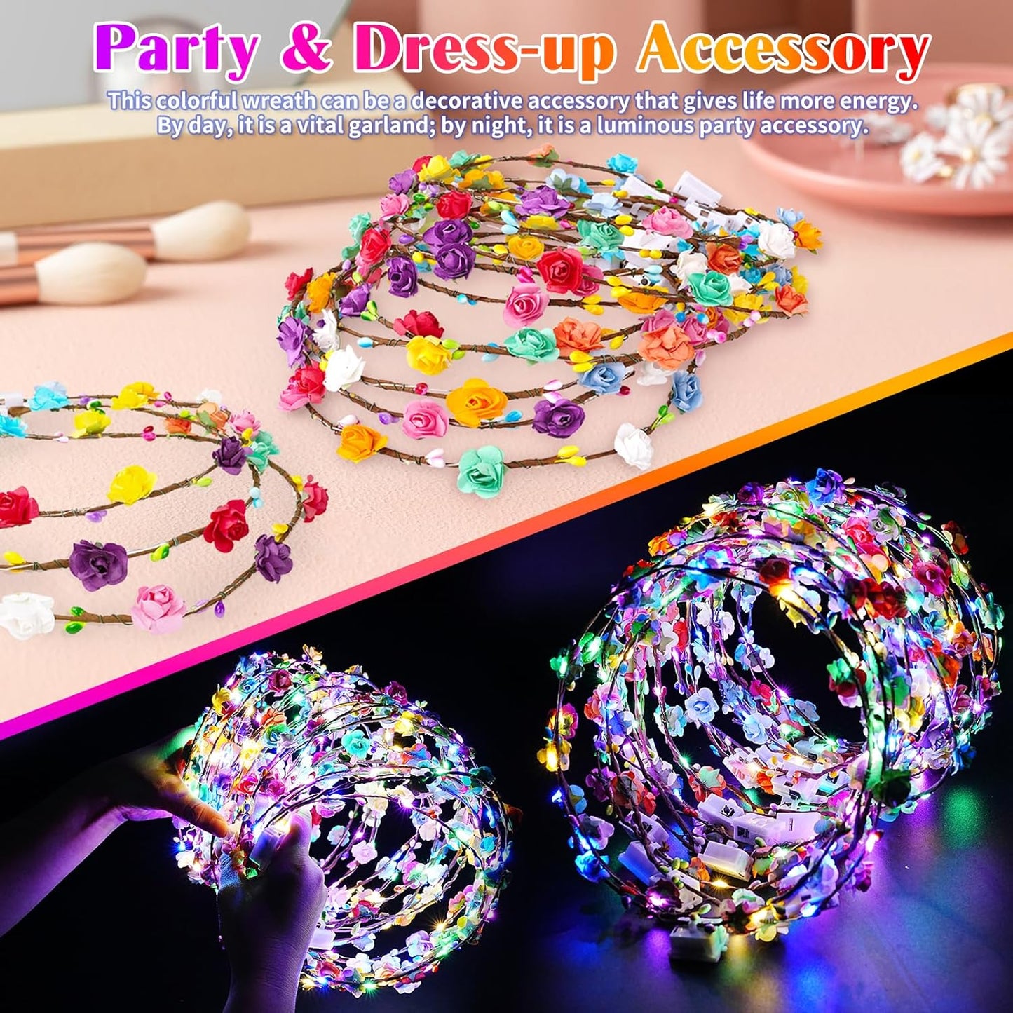 HONLYNE 100 PCS Diademas de Coronas de Flores LED, Coronas de Flore...