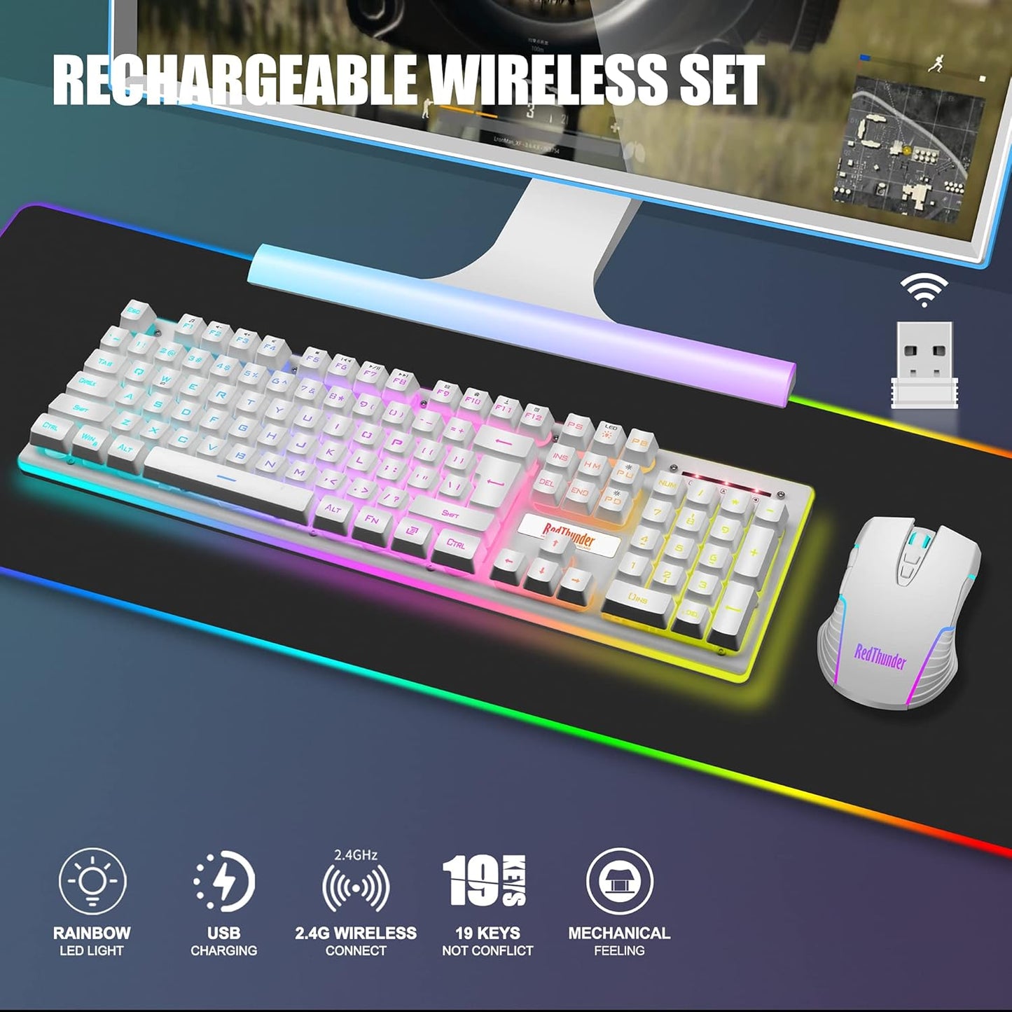 RedThunder K10 Combo de Teclado y Ratón Inalámbrico para Juegos, Re...