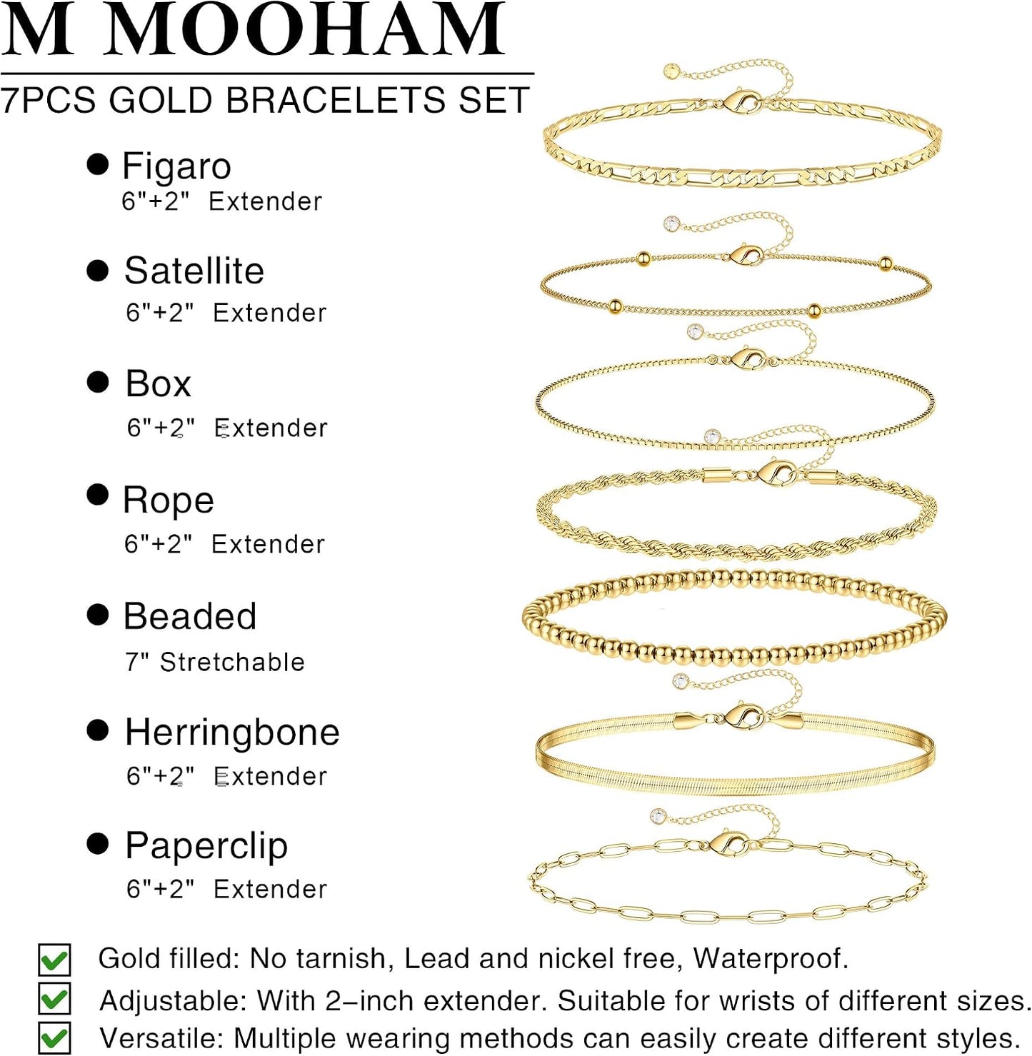 M MOOHAM Juego de 7 pulseras de oro para mujer \u2013 Juego de puls...