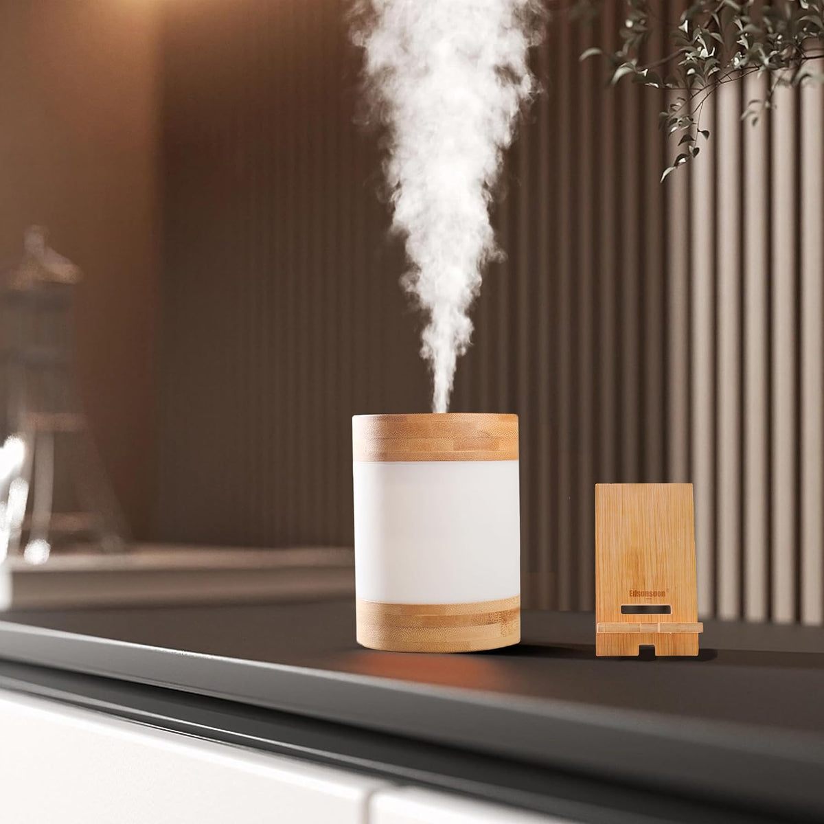 Humidificador de vapor frío de bambú con soporte para teléfono, min...