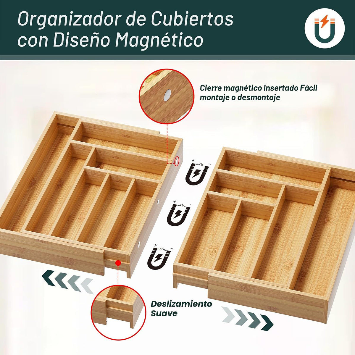 Organizador de Cubiertos Grande, Conectado Magnéticamente Expandibl...