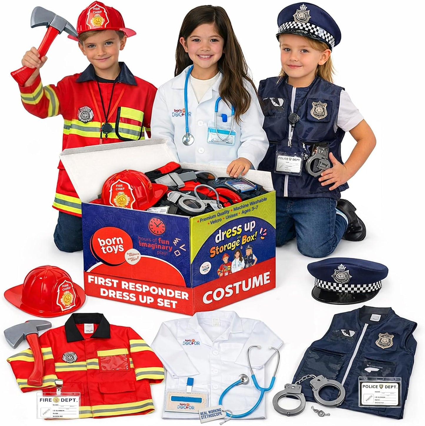 Born Toys Ropa de vestir 3 en 1 para niños, policía, bombero, médic...