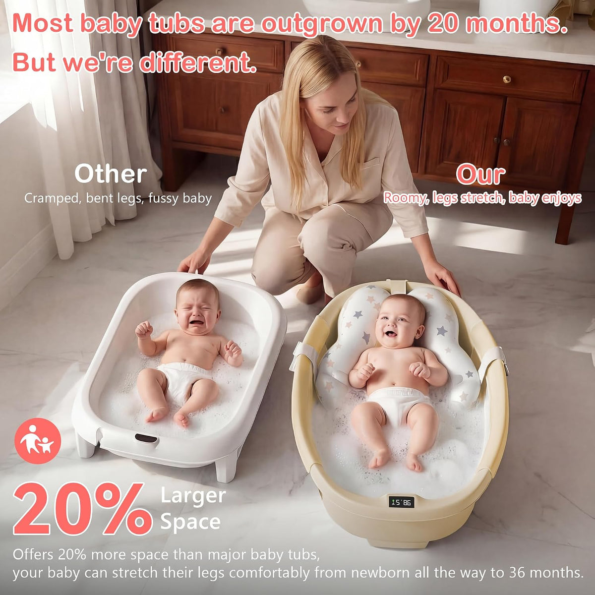 Bañera plegable para bebé, bañera grande con termómetro | Bañera es...