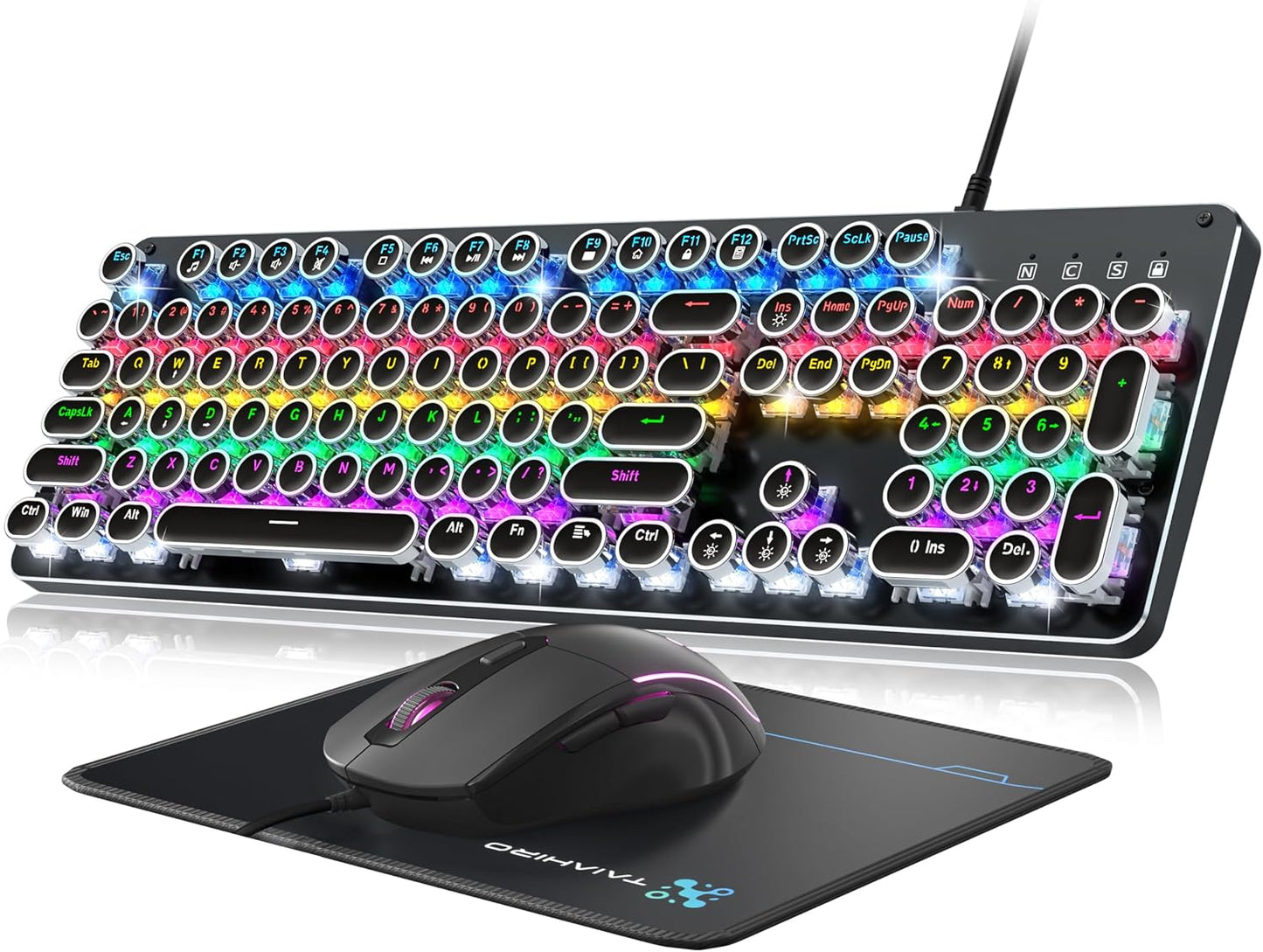 Bevewlpol Combo de teclado mecánico para juegos, teclado USB RGB co...