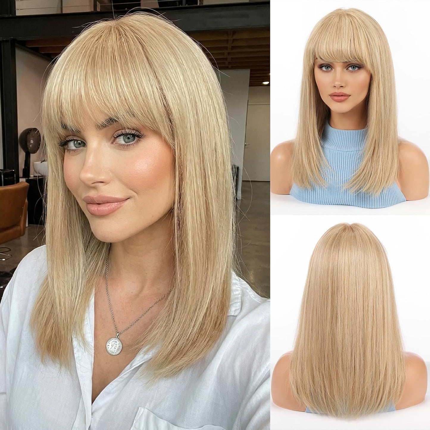 Wear but free KKU Peluca de cabello humano rubio de 16 pulgadas, pe...