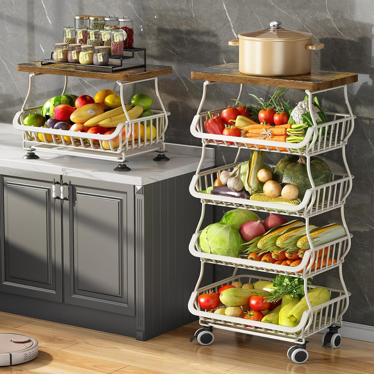 SAYZH Cesta de frutas para cocina con parte superior de madera de 5...