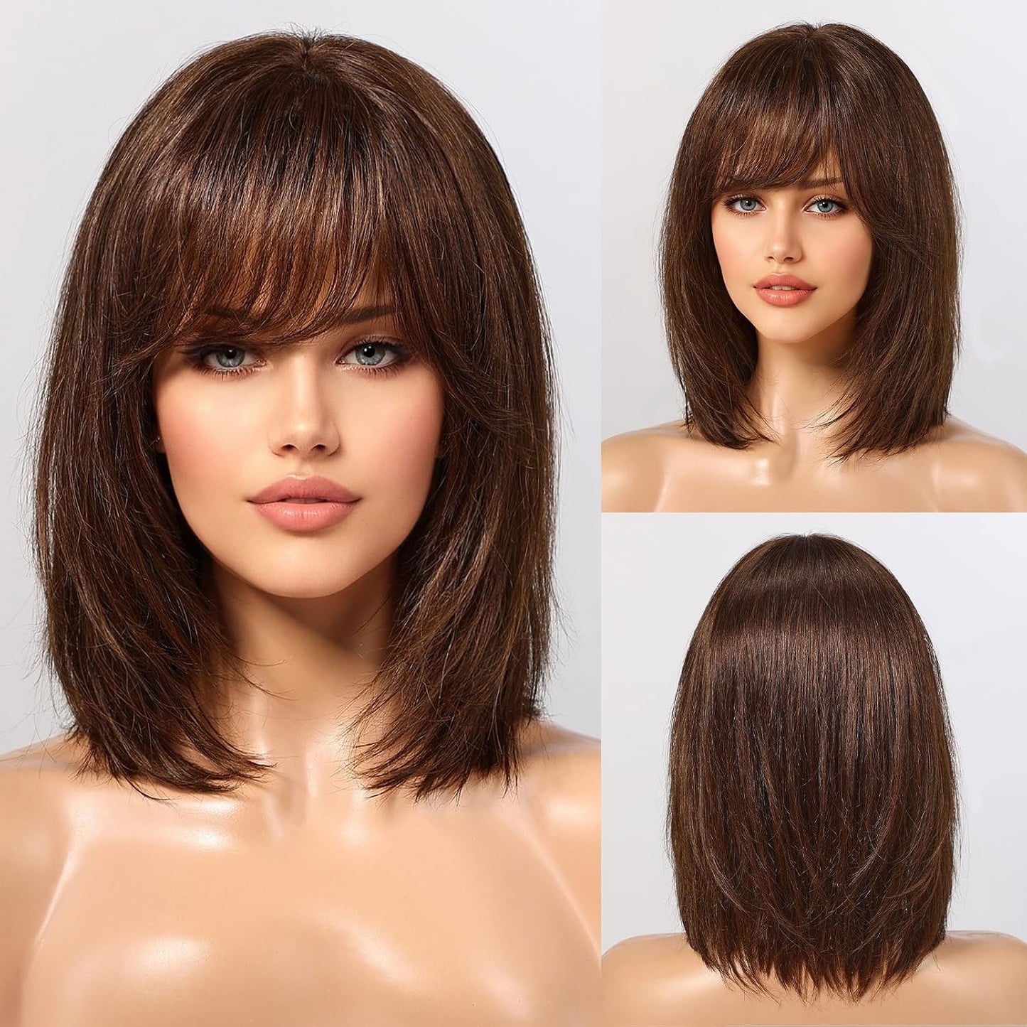 KKU Pelucas de cabello humano de 12 pulgadas color marrón oscuro pa...