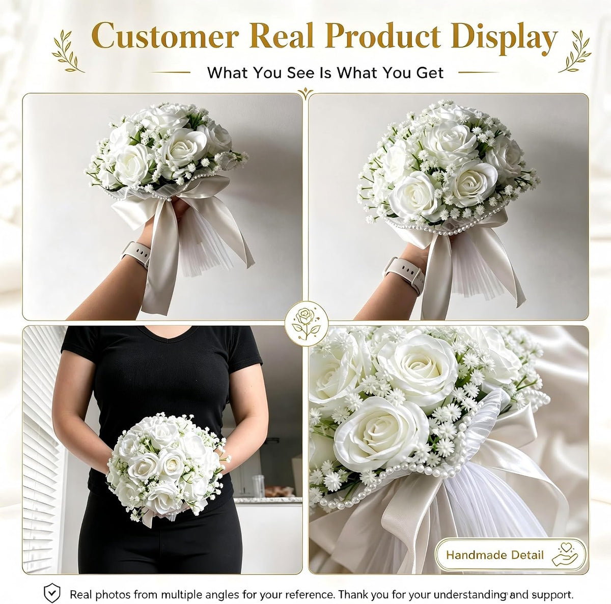 LYGIV Ramo de boda de 16 rosas artificiales de color blanco marfil...