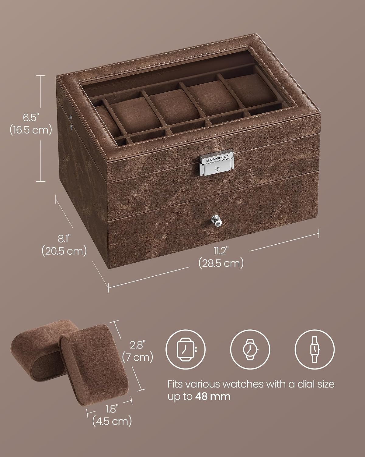 SONGMICS Caja de reloj de 20 ranuras, 2 capas, tapa de cristal, con...