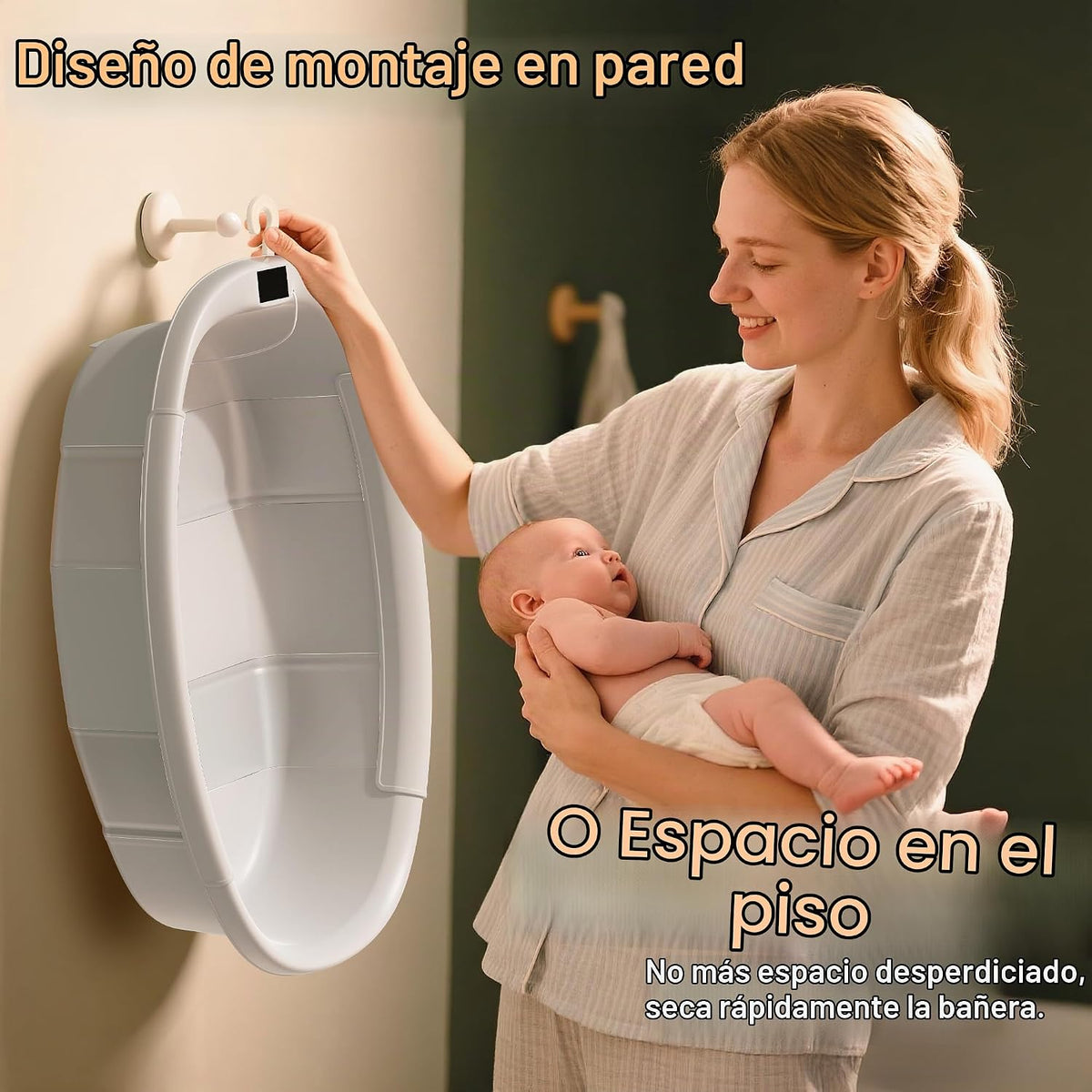 Bañera plegable para bebé, bañera grande para bebé con termómetro y...