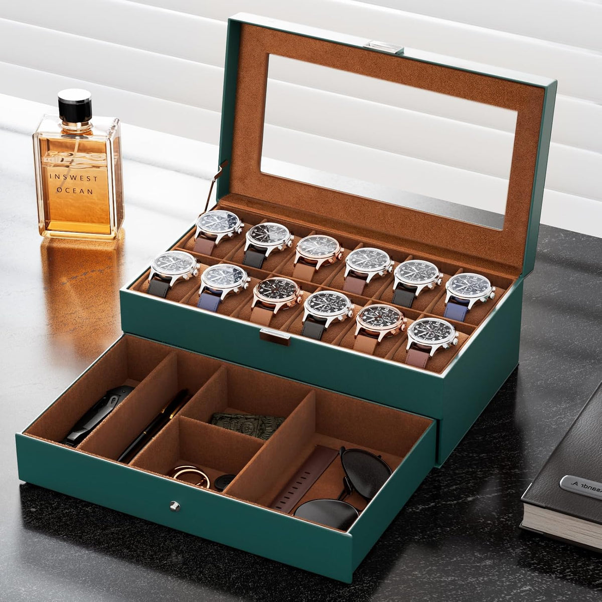 ProCase Caja de reloj, caja de reloj de 12 ranuras para hombre con...