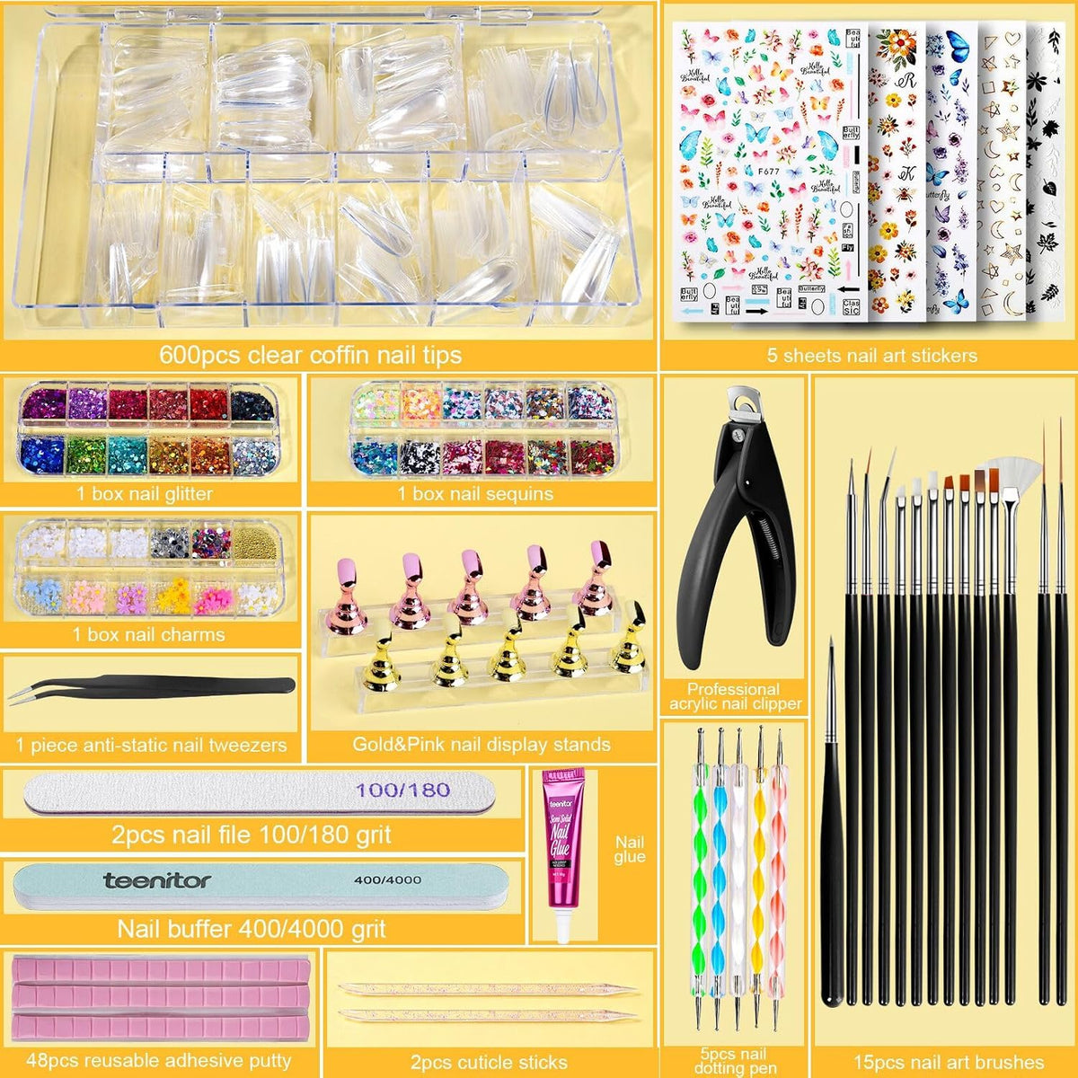 Teenitor - Kit de uñas postizas - Puntas de uñas transparentes tipo...