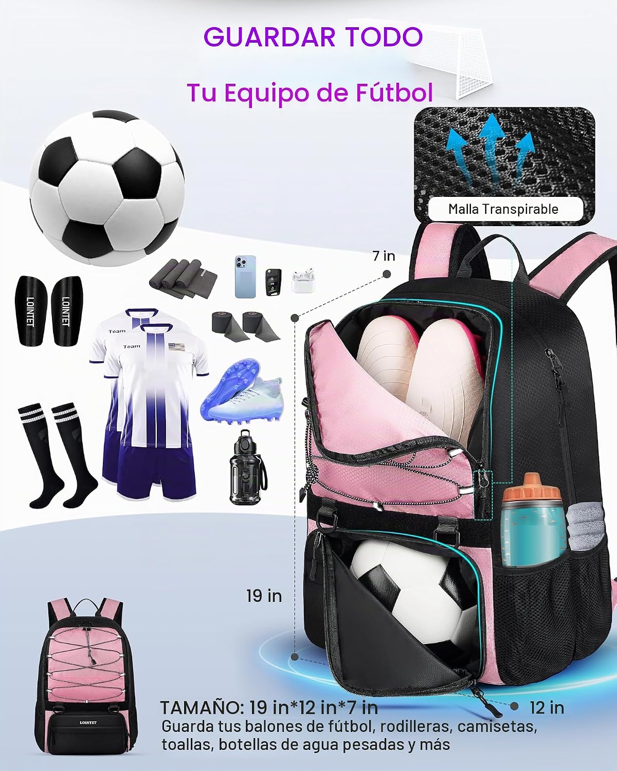 LOINTET Bolsa de fútbol juvenil, mochila de fútbol con compartiment...