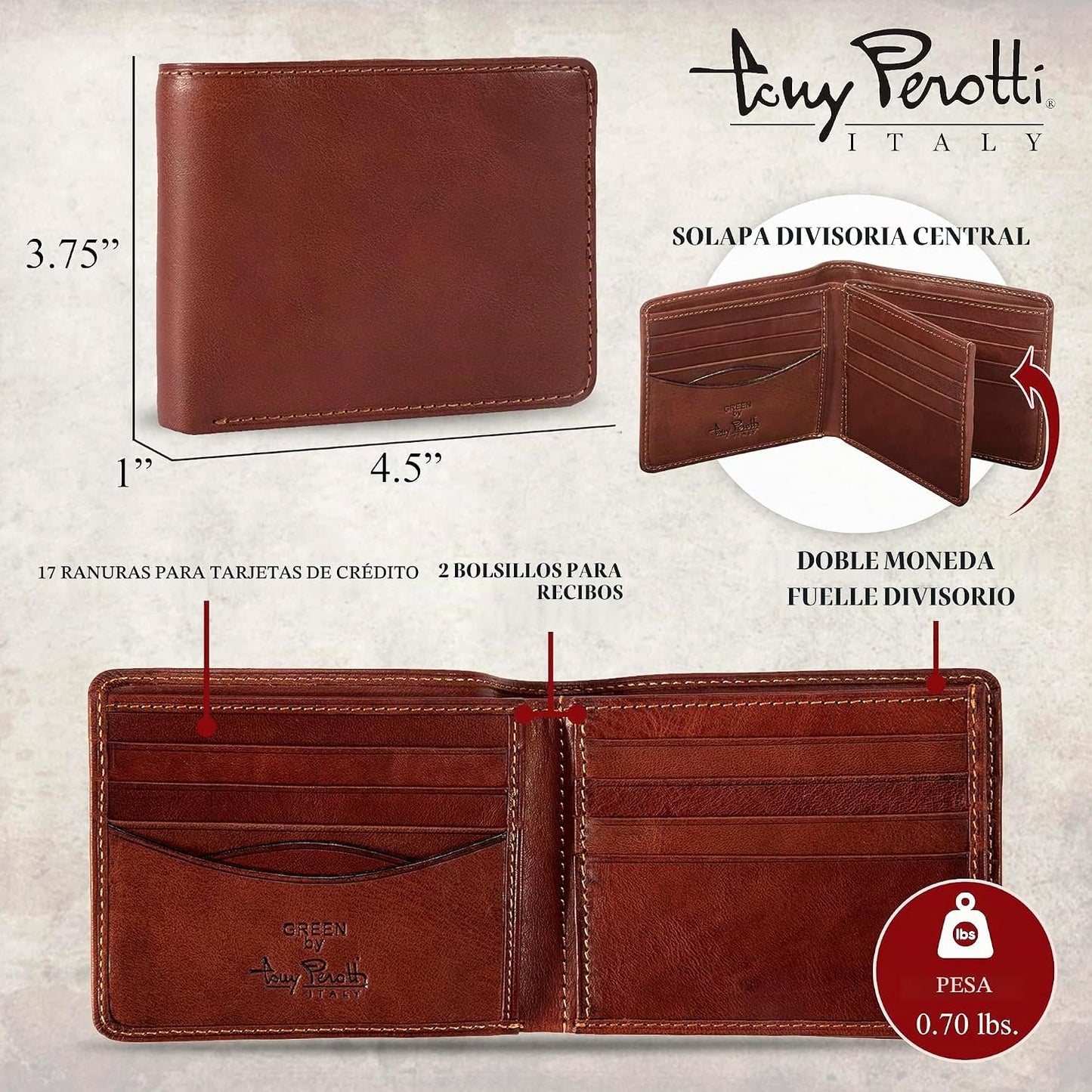 Tony Perotti Billetera plegable de cuero italiano para hombre con t...