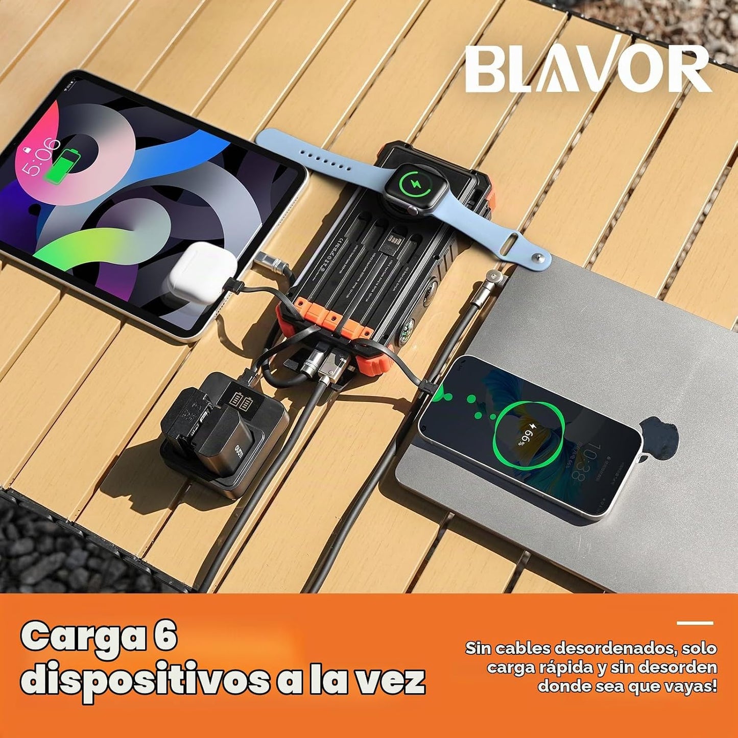 BLAVOR - Banco de energía solar de 20000 mAh con cables incorporado...