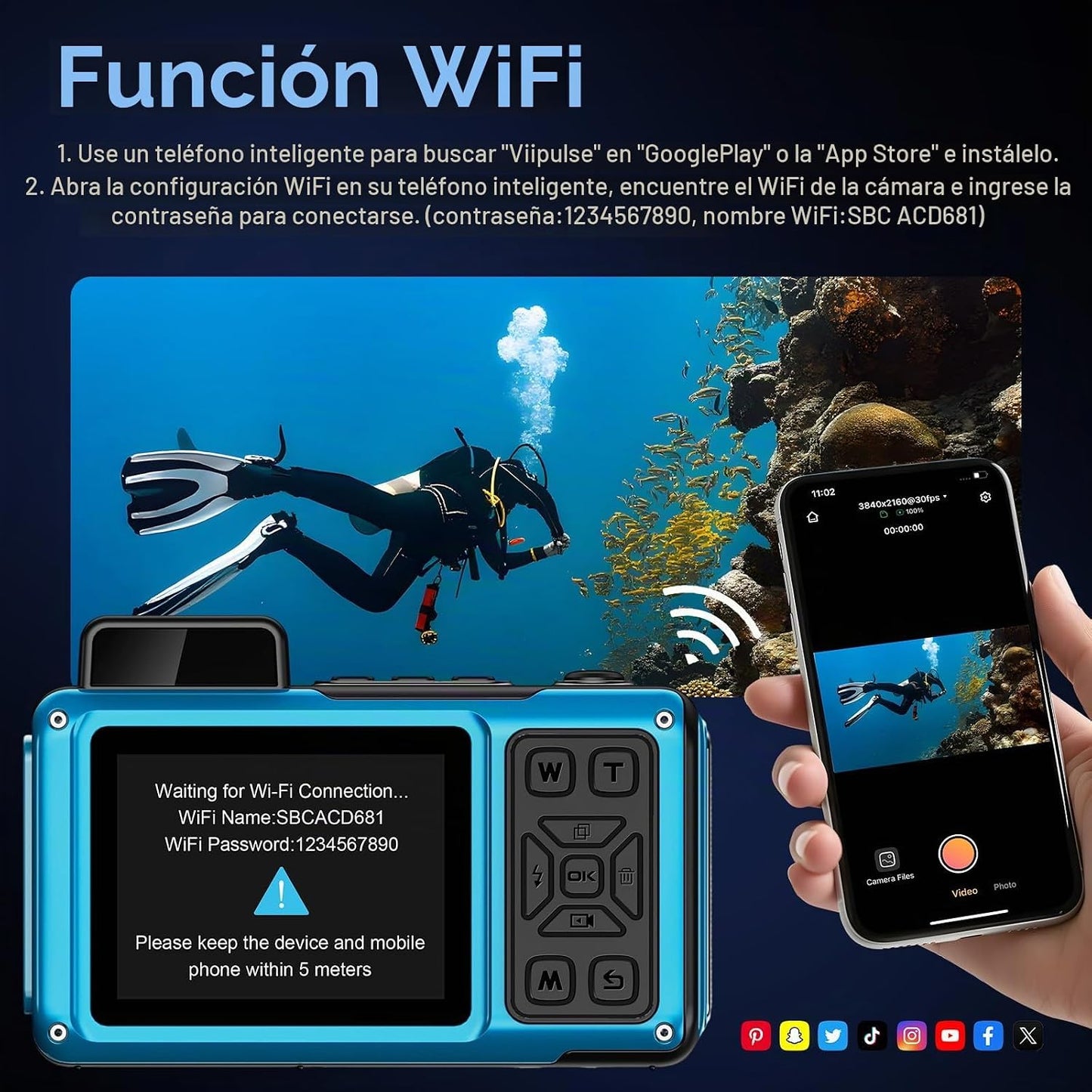 8K cámara subacuática WiFi 90MP 50FT táctil impermeable cámara 32GB...