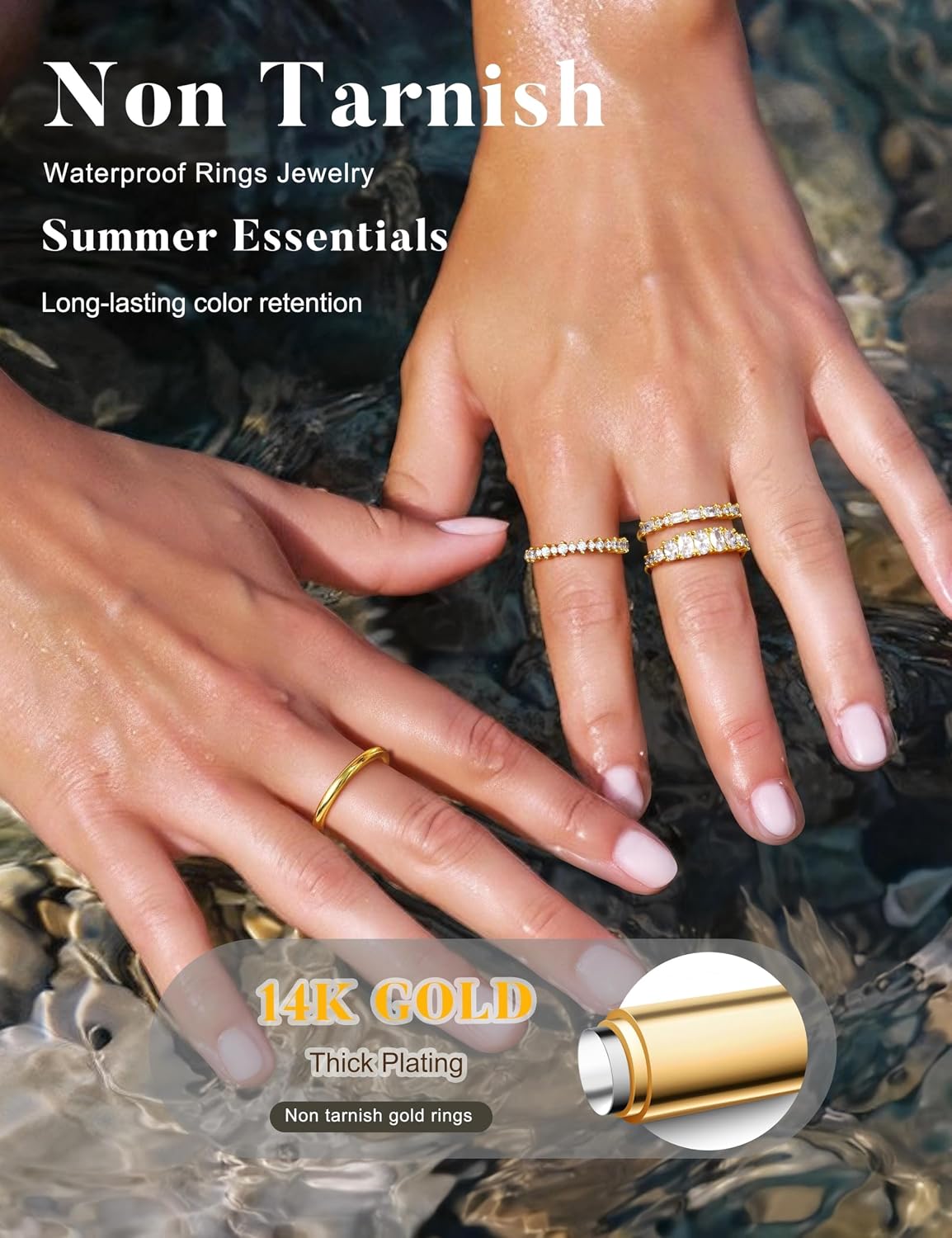 LOLIAS Anillos apilables chapados en oro de 14 quilates para mujer...
