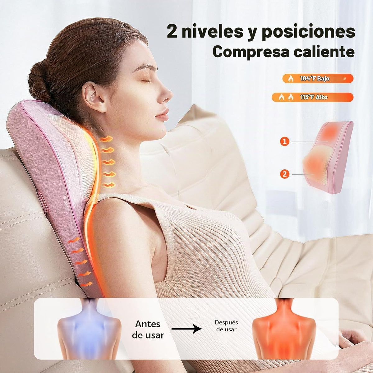 Boriwat Masajeador de cuello y espalda con calor, almohada de masaj...