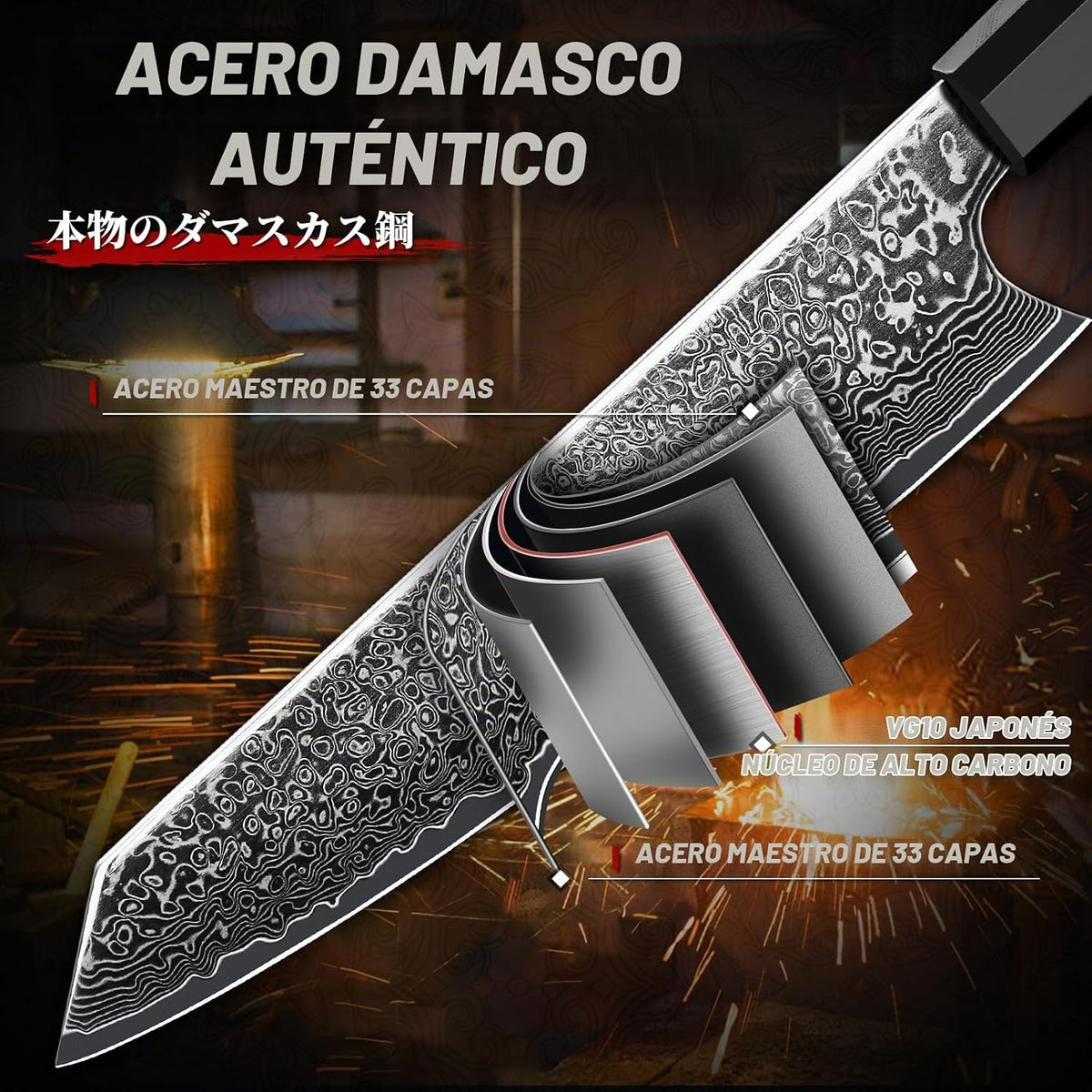 TIVOLI Cuchillo japonés Kiritsuke de Damasco de 8 pulgadas con bord...