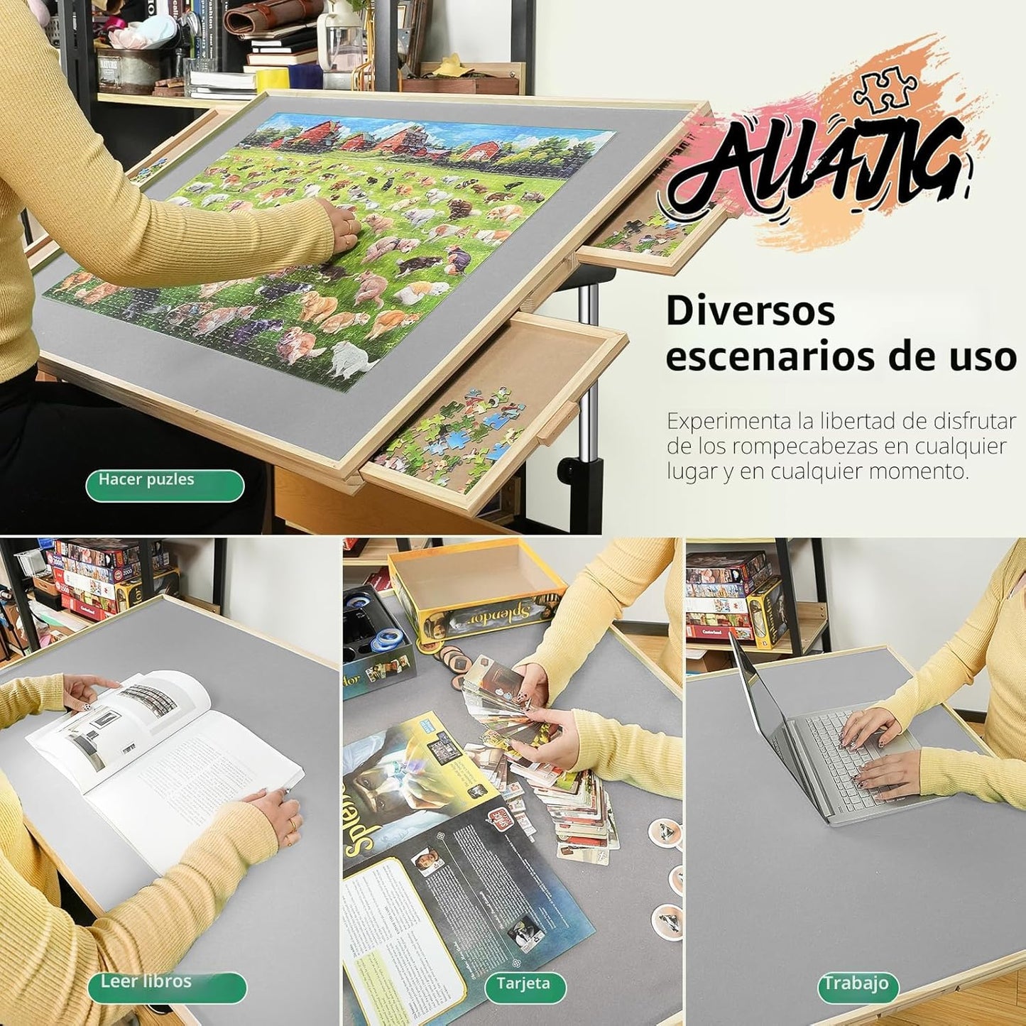 ALL4JIG Mesa de rompecabezas de 2000 piezas con patas y ruedas, mes...