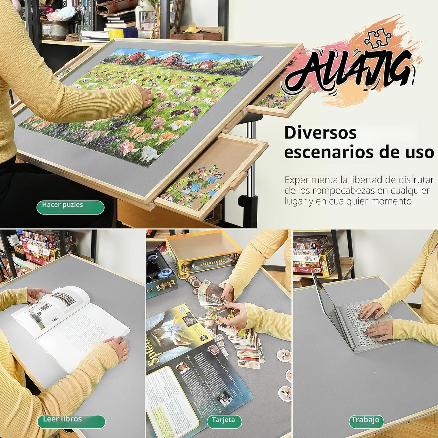 ALL4JIG Mesa de rompecabezas de 1500 piezas con patas y ruedas, mes...