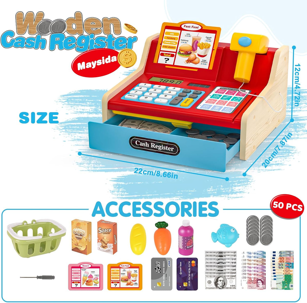 Caja registradora de juguete de madera para niños, juguetes de made...