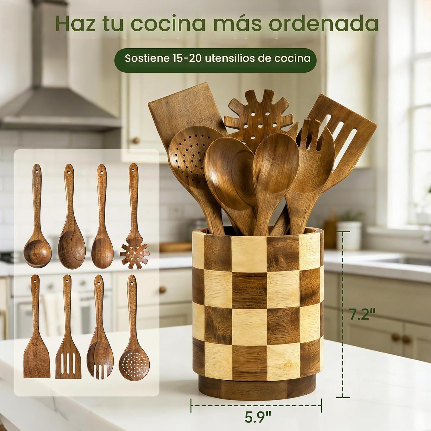 Fyctio Soporte de utensilios de madera, 360 ° giratorio a cuadros s...