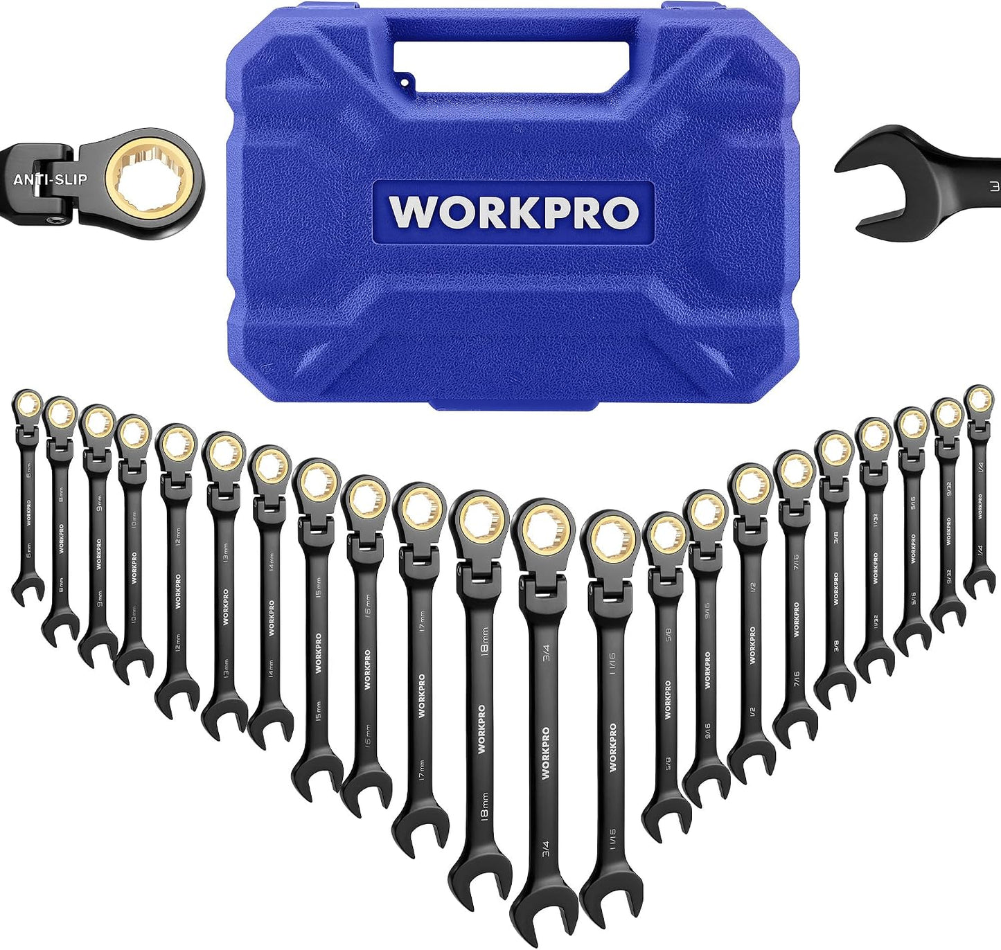 WORKPRO Juego de llaves de trinquete de 22 piezas con cabezal flexi...
