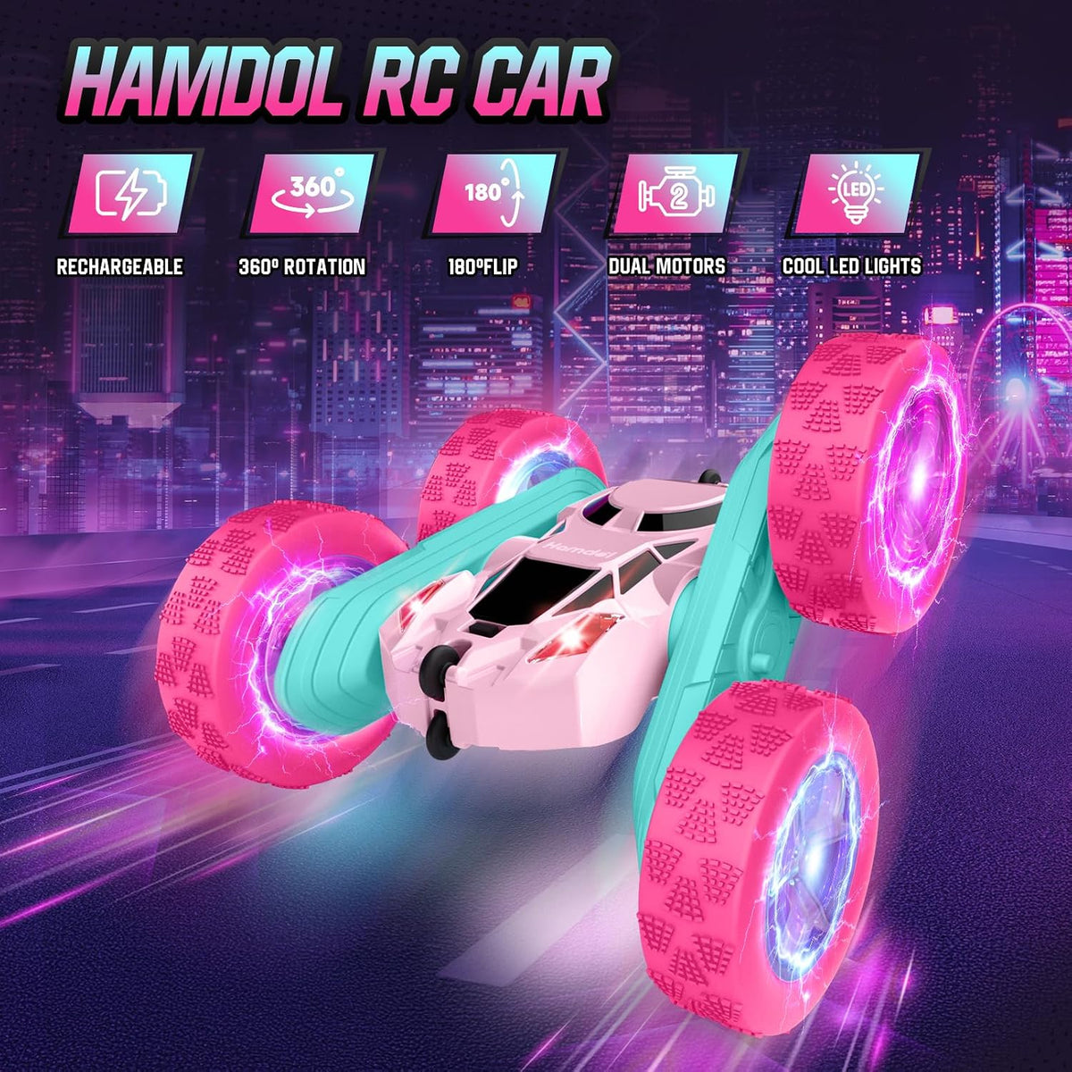 Hamdol Coche de control remoto rosa para niñas, doble cara con faro...