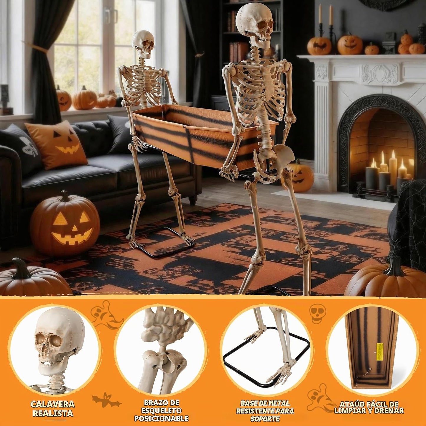 Dos esqueletos que transportan decoraciones de Halloween abiertas,...