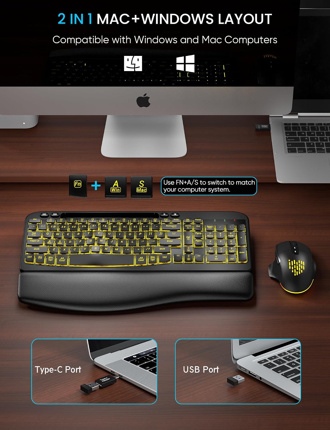 SABLUTE Combo de teclado y mouse inalámbricos, onda ergonómica con...