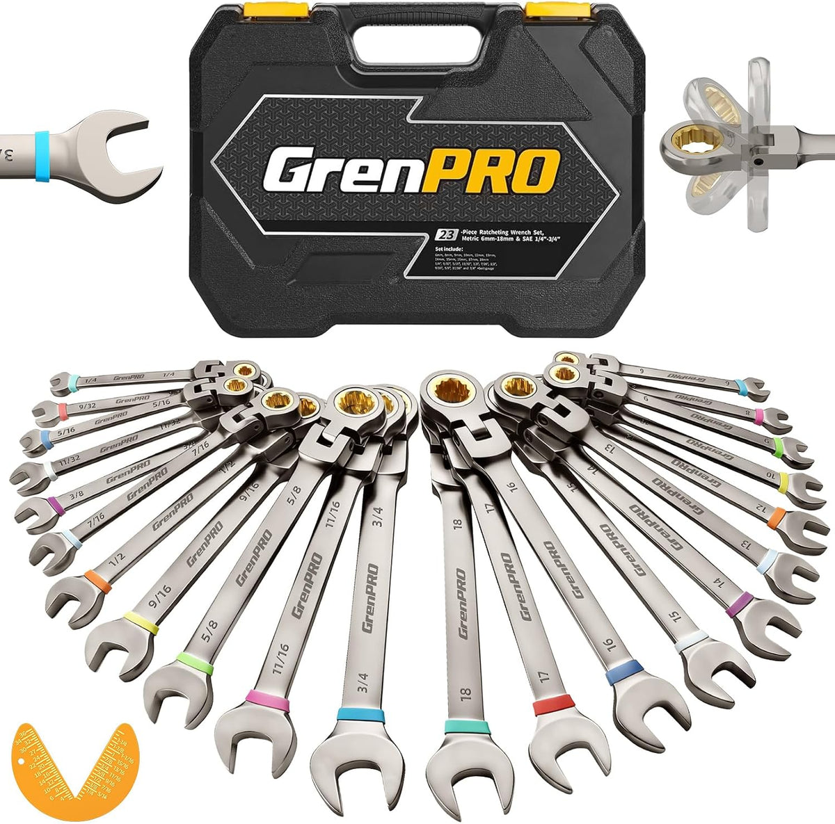 GRENPRO - Juego de 23 llaves de trinquete con cabeza flexible, jueg...