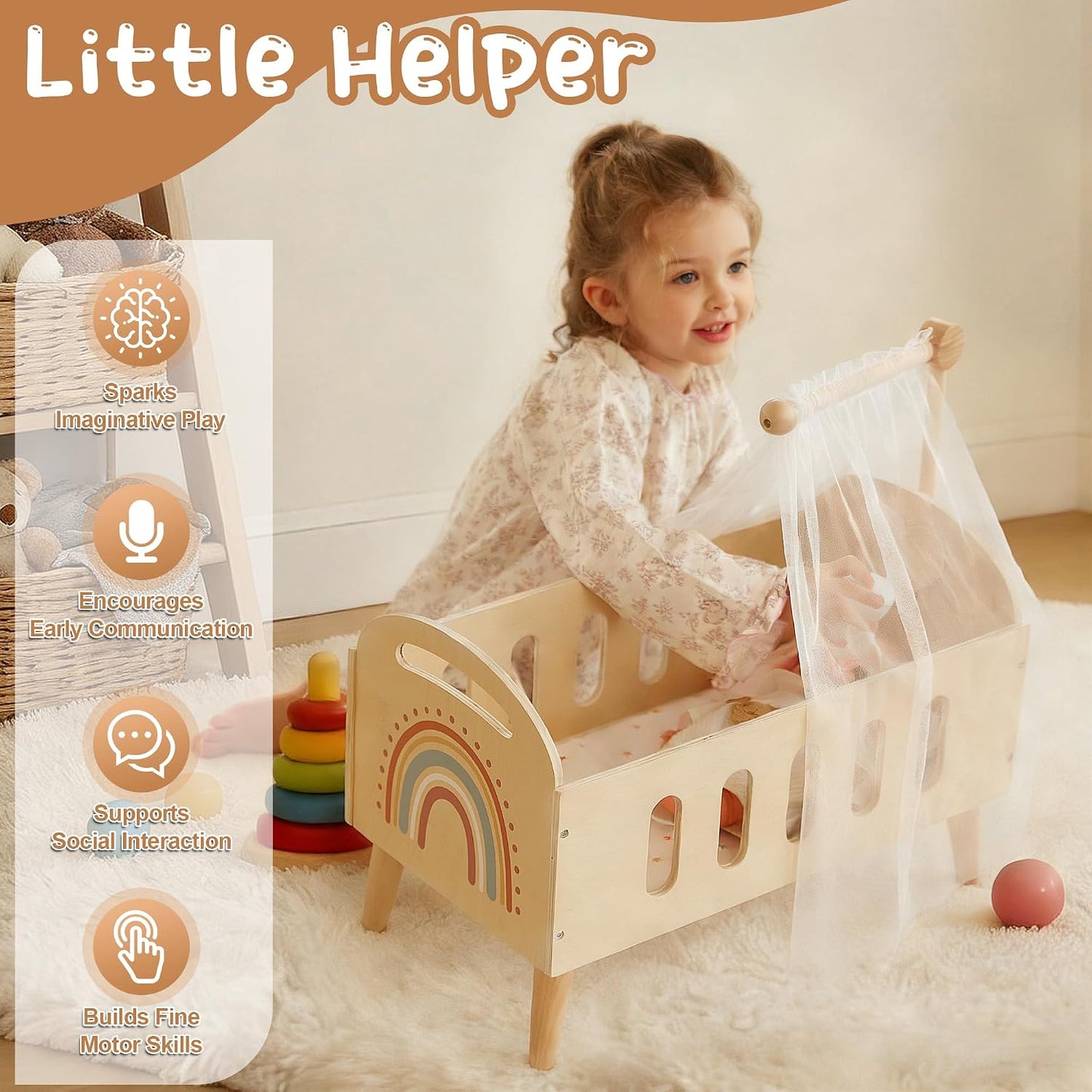 Freniland Cama de cuna de madera para muñecas de 18 pulgadas, juego...