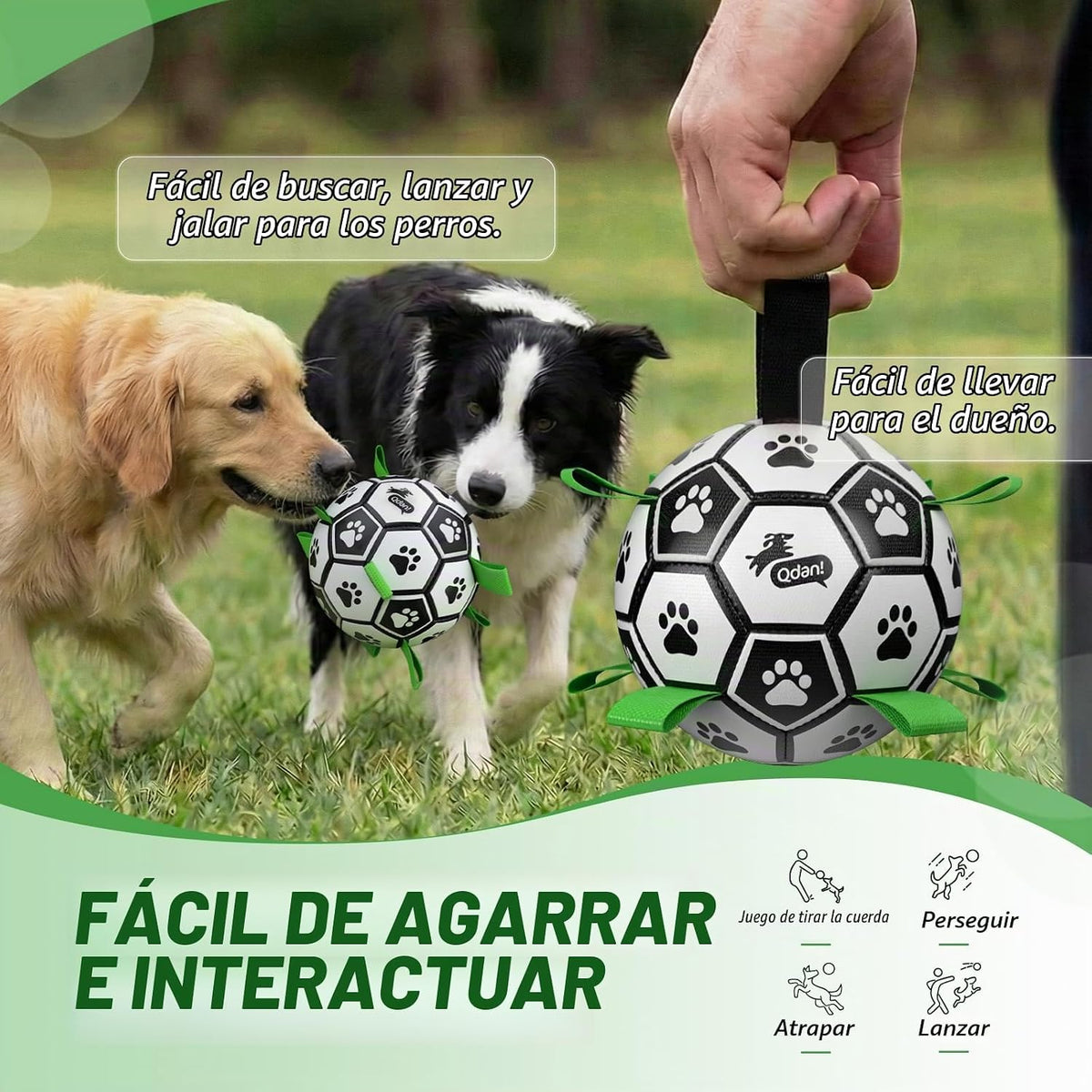 QDAN Juego de 2 pelotas de fútbol para perros con correas, juguetes...