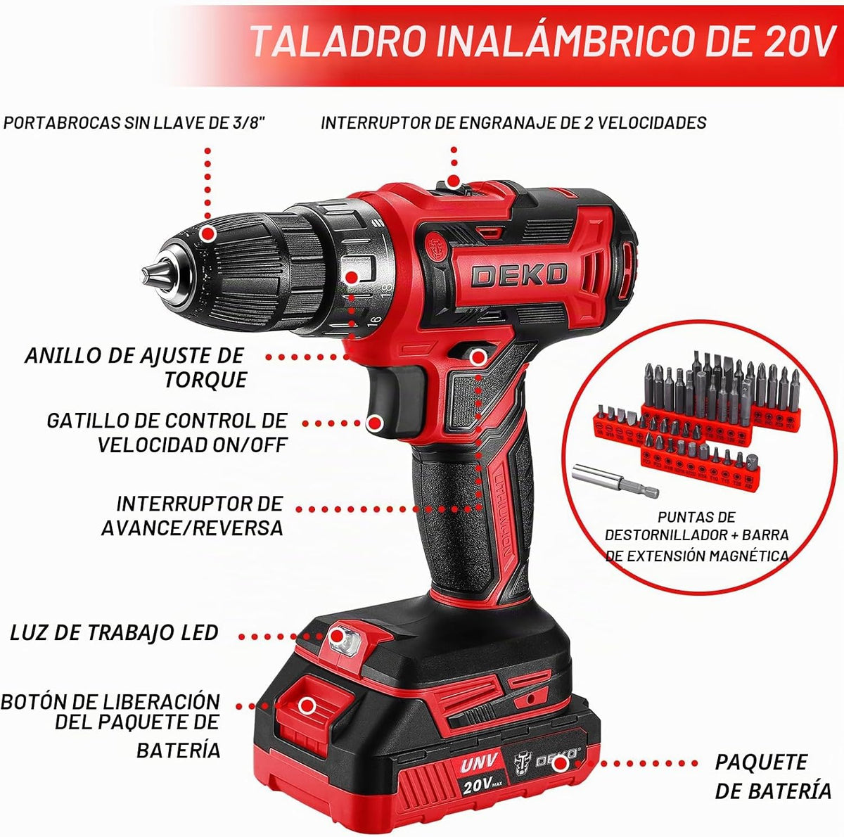 Kit de herramientas de taladro rojo: juego de taladro eléctrico ina...