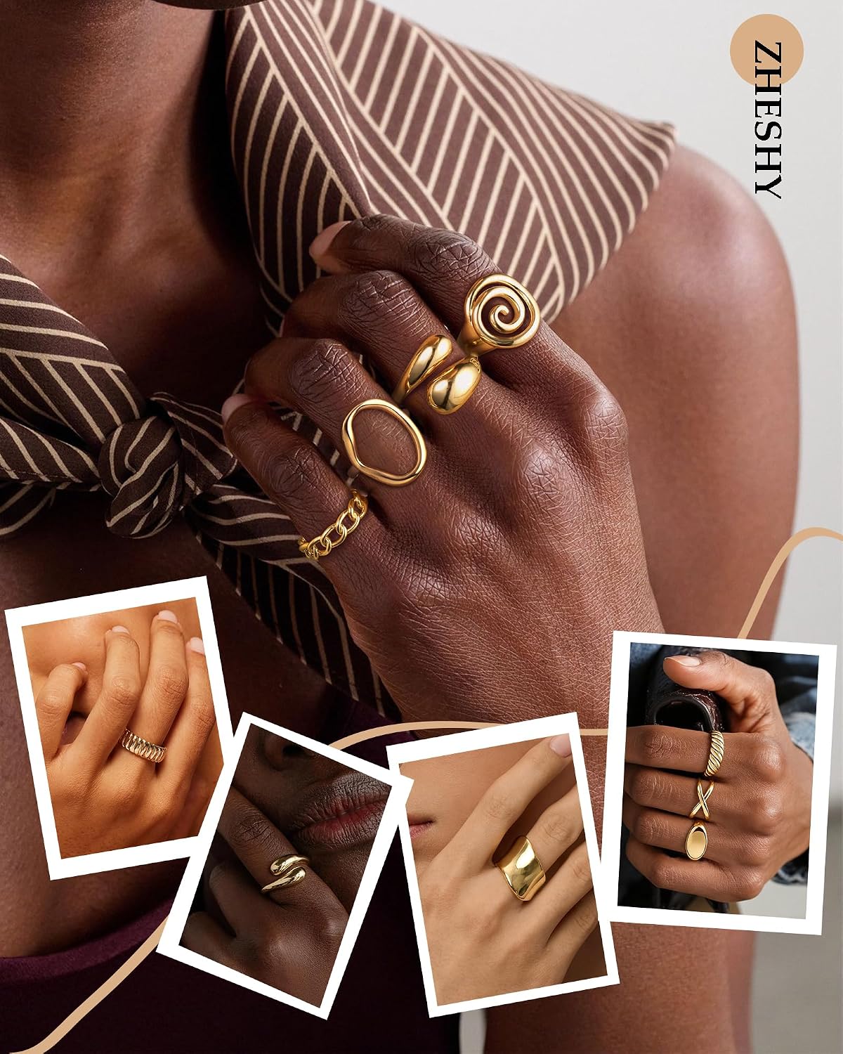 ZHESHY Anillos gruesos de oro para mujer, sin deslustre, chapados e...