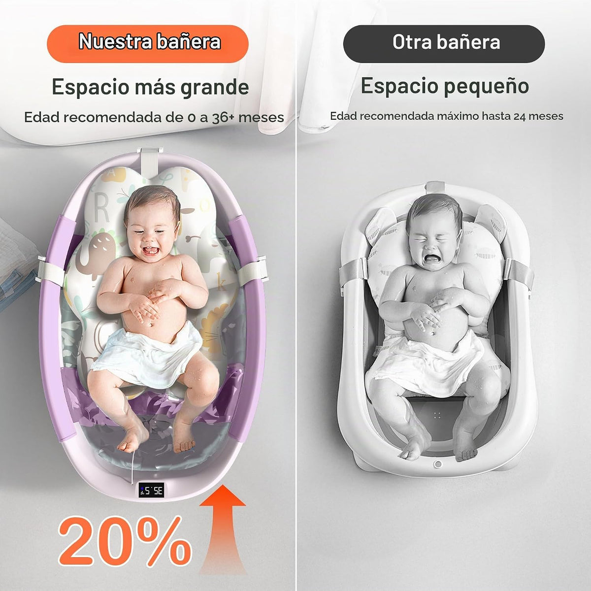 Bañera plegable para bebé, bañera grande para bebé con termómetro y...