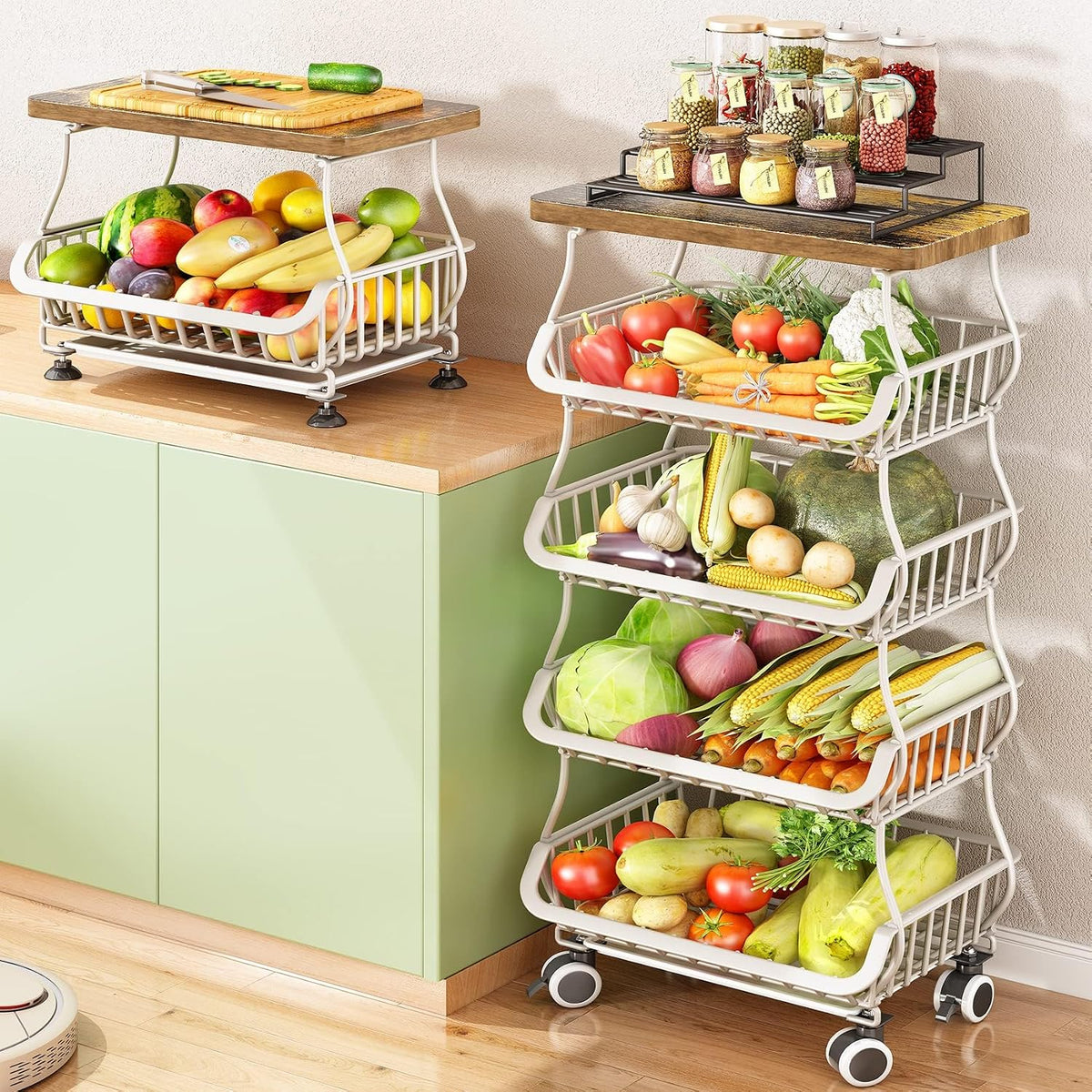 SAYZH Cesta de frutas para cocina con parte superior de madera de 5...